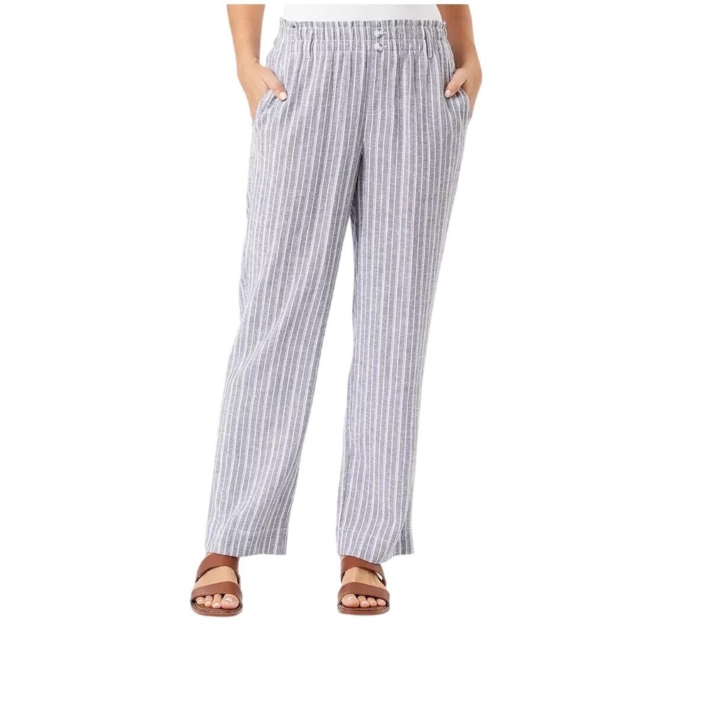 Briggs Womens White/Blue Striped Linen Blend Wide Leg Drawstring Pants SZ XL NEW